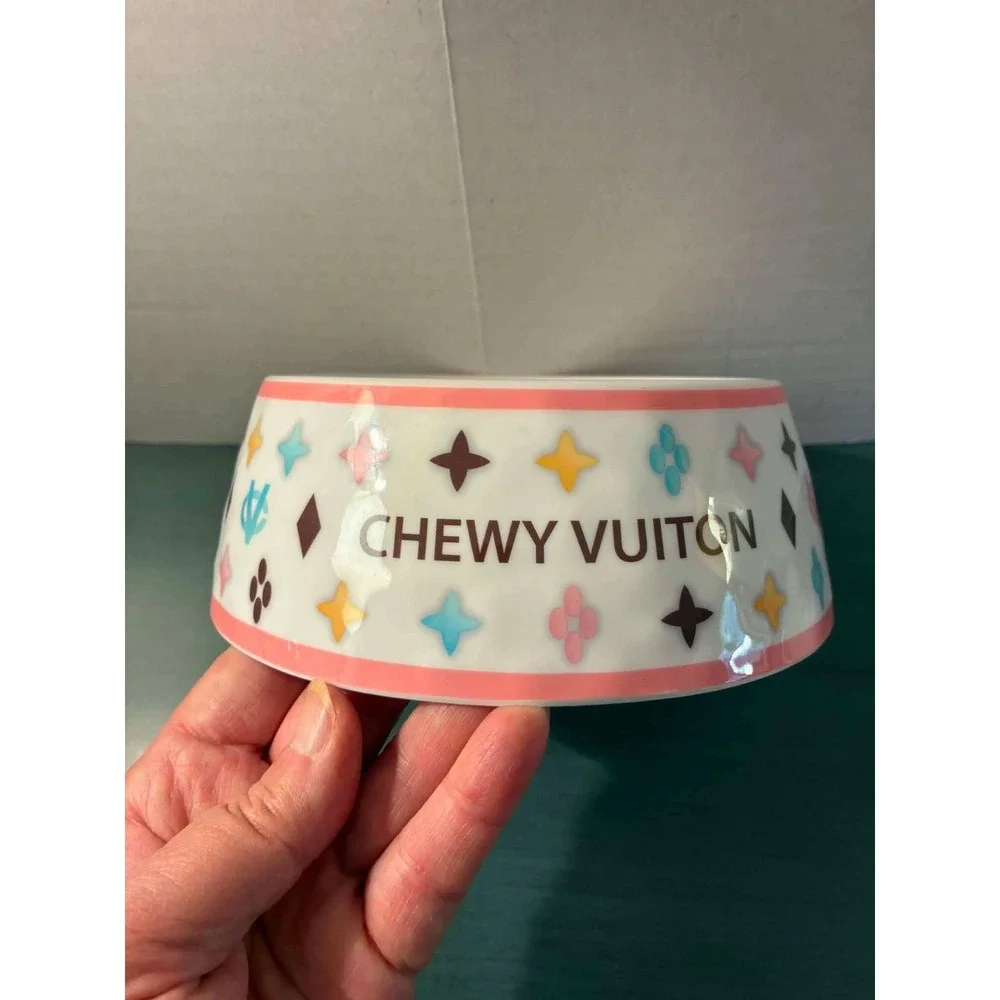 Haute Diggity Dog Chewy Vuiton Ceramic Pet Bowl Medium White Pink Food Water